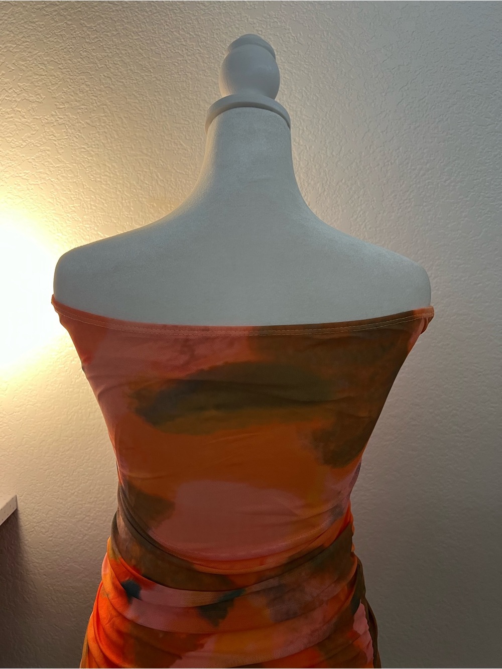 Orange Abstract Mesh Mini Dress Ruched Strapless Heart Cutout Y2K Party XS - Picture 4 of 5